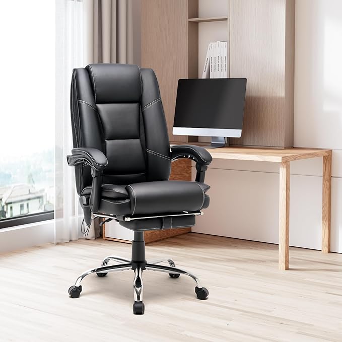 HOMREST Executive Office Chair with Heat and Massage, High-Back PU Leather Ergonomic Desk Chair with Retractable Footrest and Link Armrests, Reclining Computer Chair for Home Office (Black)