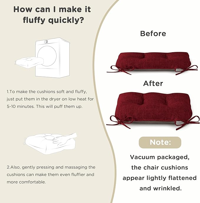 AddGrace Chair Cushions for Dining Chairs Set of 2 Kitchen Seat Cushions with Ties and Non Slip Backing Tufted Indoor Seat Pad for Kitchen Dining Room 18" x 17" x 3" Burgundy