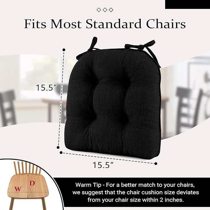 Wellsin Chair Cushions for Dining Chairs, Non-Slip Kitchen Chair Pads with Ties, Tufted Shredded Foam Kitchen Chair Cushions Set of 2, 15.5" X 15.5", Black
