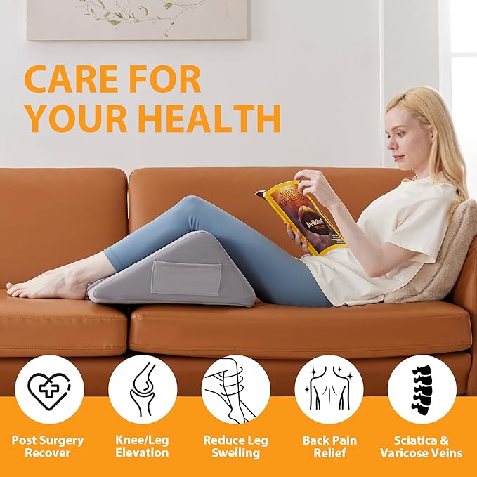 Ruqmuis Knee Pillow for Back Sleeping, 8” Knee Wedge Pillow to Elevate Knee, Leg Pillow for Back Pain Relief, Triangle Pillow, Leg Elevation Pillows for After Surgery, Blood Circulation, Velvet