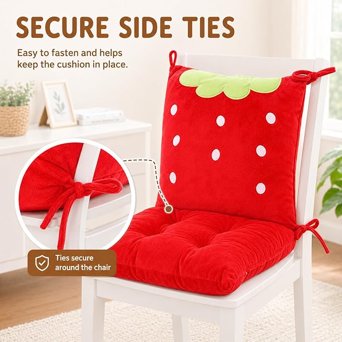 ChezMax Chair Cushion Plush Seat Cushion Back Cushion with Ties, Detachable Thickened Desk Chair Pads, Cartoon Waist Pillow Cushion Decor for Chair Car Office Patio Wheelchair, Cartoon Strawberry