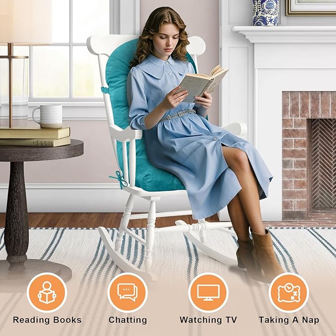 Rocking Chair Cushion - Chenille Fabric, High-Density Sponge, Durable Comfort Double-Sided Tufted Seat Pads with Ties, Chenille︱Blue, 44x19x4 inch