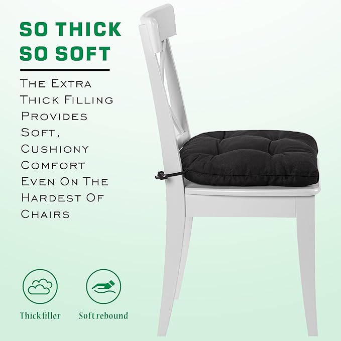 SQUARE MOON Chair Cushions for Dining Chairs, 3 Inch Thick Comfortable Kitchen Chair Pads, Dining Room Seat Cushions with Ties, Machine Washable, 17" x 16" x 3", 4/Pack, Black
