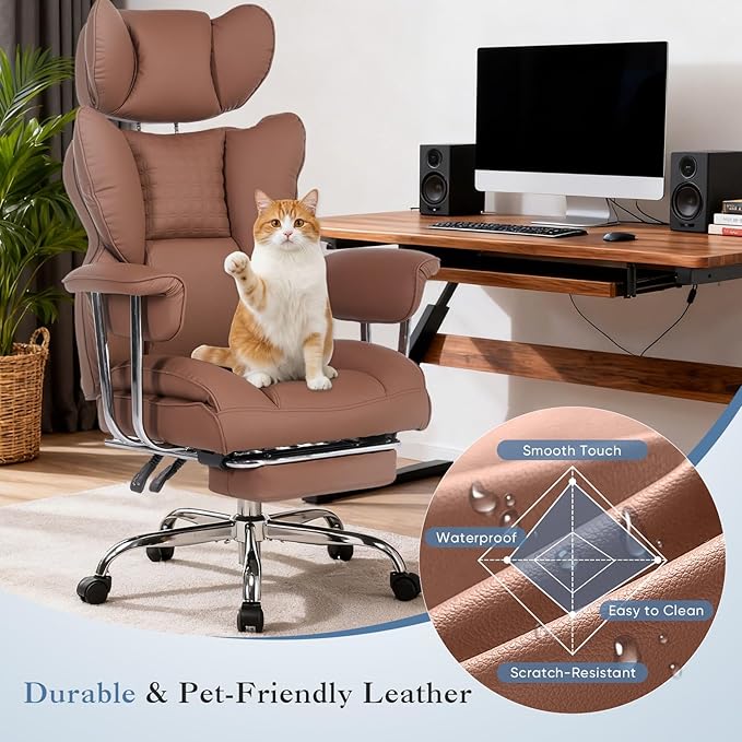 DUMOS Big and Tall Office Chair 350 LBS, Scratch-Resistant PU Leather Executive Office Desk Chair with Footrest, Ergonomic Reclining Computer Chair with Pocket Spring Support for Home Office, Brown