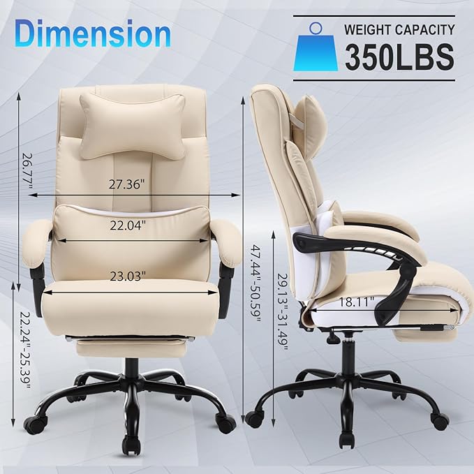 Fully Reclining Office Chair with Foot Rest, Ergonomic Executive Office Desk Chair with Lumbar Support and Headrest, 170° Reclining Recliner High Back Home Leather Computer Chair, Beige