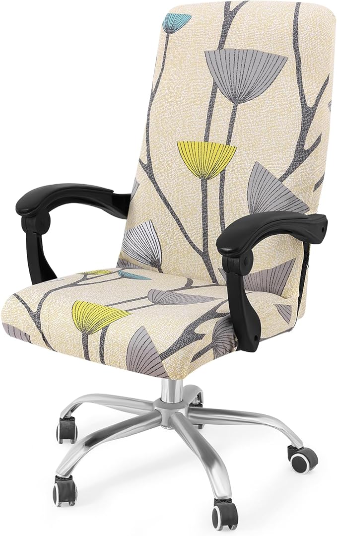 Smiry Stretch Printed Office Computer Chair Covers, Universal Desk Rotating Chair Slipcovers Removable Washable, Soft Fit Anti-Dust Spandex Protector Cover with Zipper, Yellow and Grey