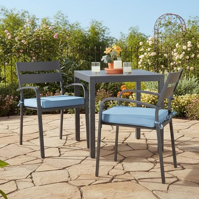 Outdoor 18 inch Square Patio Dining Chair Pads – Comfortable Fiber-Filled Seat Cushions with Ties, Reversible Polyester Fabric - Denim, Set of 2