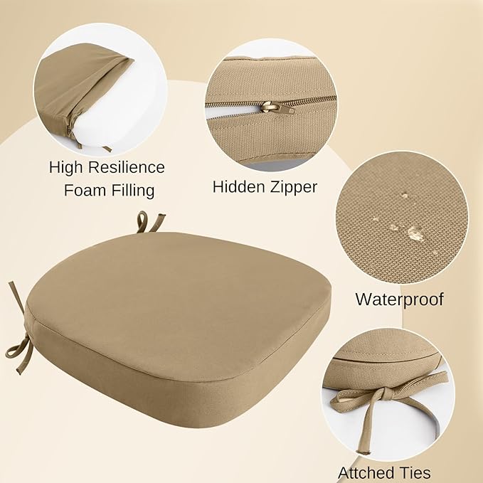 idee-home Outdoor Chair Cushions Set of 4, 17" x 17" Thick D-Shaped Patio Furniture Outdoor Seat Cushions Waterproof with Ties, Dining Pads