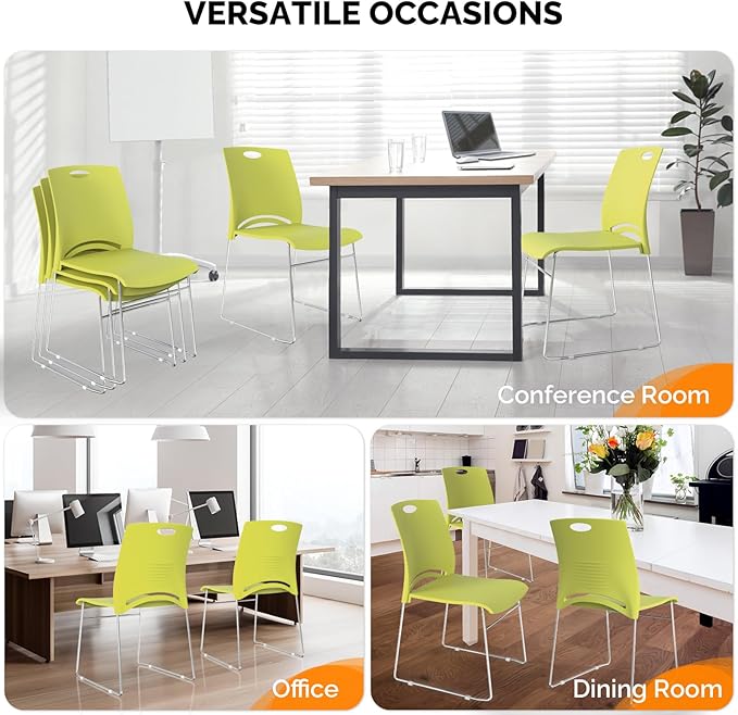 VINGLI Stacking Chairs Set of 12 Stackable Office Chairs with Metal Sled Base, Ergonomic Plastic Seat, Stacking Chairs for Waiting Room Break Room Banquet Guest, Green