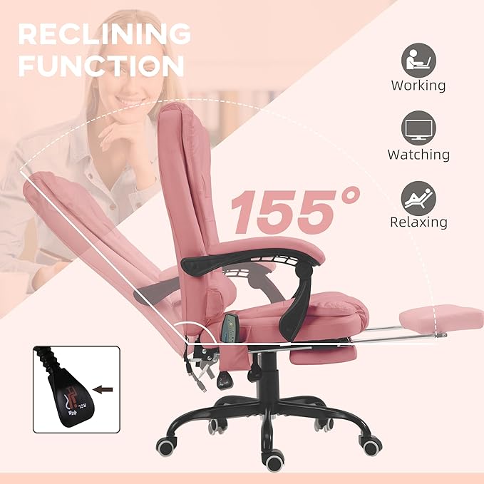 Vinsetto 7-Point Vibrating Massage Office Chair, High Back Computer Chair with Lumbar Support, Footrest, Reclining Back, Adjustable Height, Pink