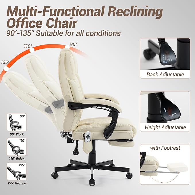 Massage Office Chair with Foot Rest, 6 Points Vibration Heating Executive Chairs Ergonomic Home Office Desk Chair with Reclining Backrest, Adjustable Arms and Lumbar Support-Beige