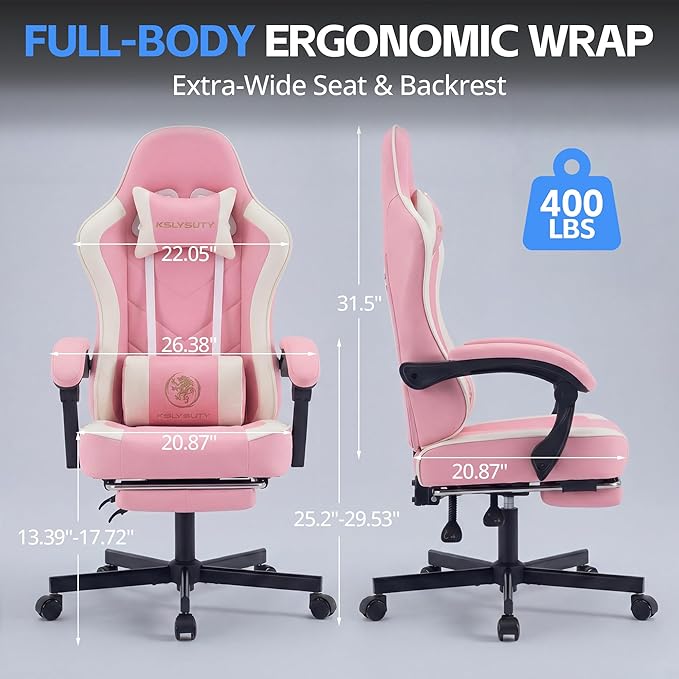 Desk Computer Gaming Chair - High Back Ergonomic Office Chair with Footrest and Lumbar Support, Swivel Comfy Home Gamer Video Game Chairs with Pocket Spring Cushion for Adults (Pink Leather)