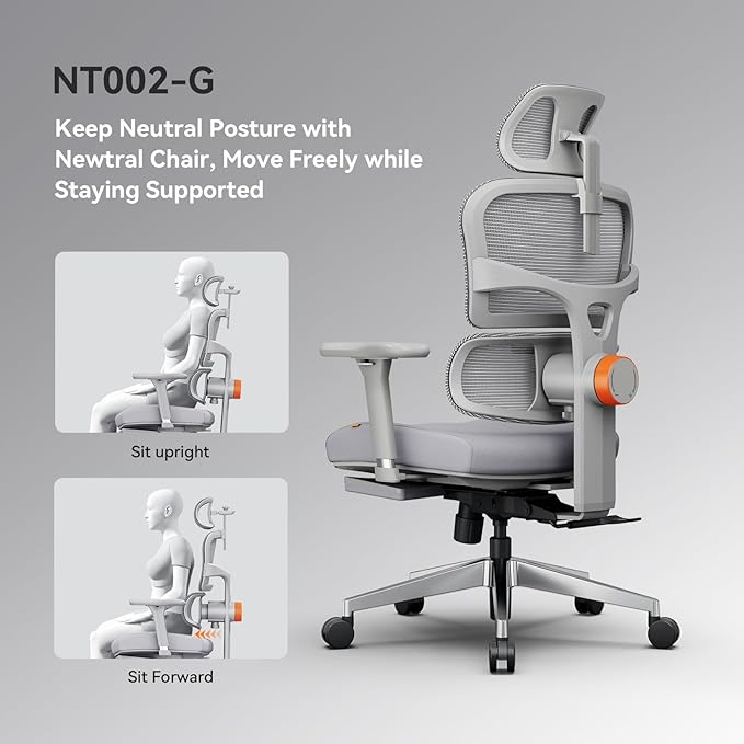Newtral Office Chair Ergonomic - Home Office Desk Chair, Back Pain Chair with Auto-Following Lumbar Support, 4D Armrest, Seat Depth and Height Adjustable