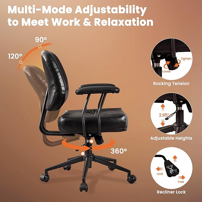 Leather Home Office Chair, Mid Back Ergonomic Desk Chair with Lumbar Support, Mid Century Modern Deep Seat Swivel Rocking Computer Chair, Black