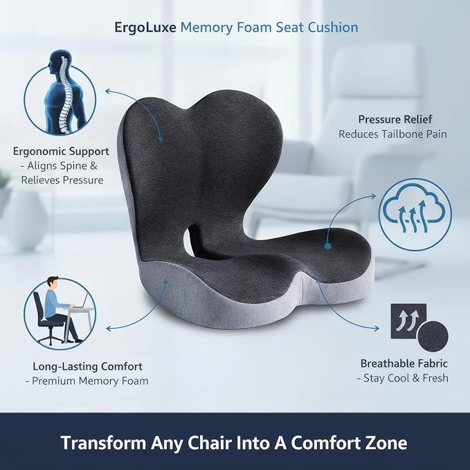 Ergonomic Memory Foam Seat Cushion, L-Shaped Back Support Pillow for Office Chair, Car Seat & Home, Pressure Relief Cushion for Driving & Long Sitting