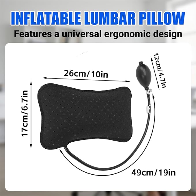 Inflatable Lumbar Pillow, Lumbar Support Pillow Adjustable Lower Back Cushion for Car Office Chair Airplane Travel Black