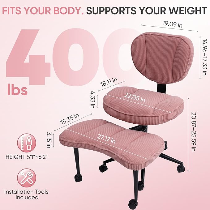 Criss Cross Office Chair with Wheels, Adjustable-Height Backrest & Swivel Footrest, Ergonomic Cross Legged Office Chair with Leg Rest for Kneeling Meditation Yoga ADHD (Pink Canvas)