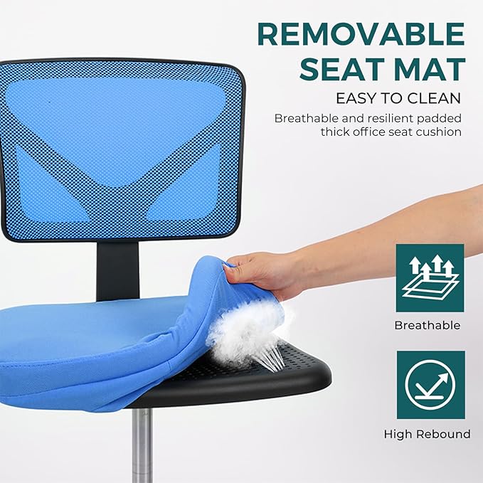 DUMOS Armless Office Chairs with Wheels Cute Home Desk Chair No Arms, Ergonomic Adjustable Swivel Rolling Task Chair, Comfy Mesh Mid Back Computer Work Vanity Chair for Small Spaces, Blue