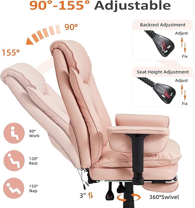 HOMREST 4-Point Massage Office Chair with Heat, 155° Reclining Executive Desk Chair with Adjustable Armrests, Ergonomic High Back Computer Chair for Home Office, Pink