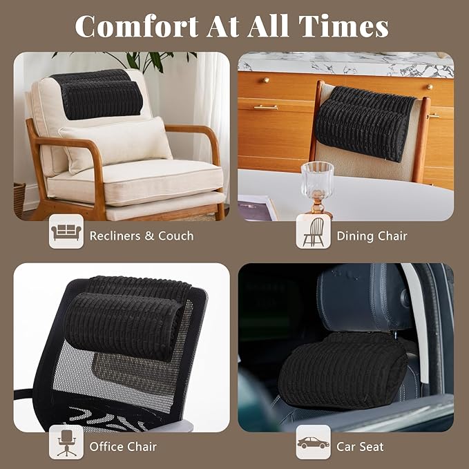 Headrest and Support Pillow,Recliner Pillow for Neck, Head, or Foot for Office or Massage Chairs, Neck Pain Relief and Cervical Support. Nonslip, Removable Cover (Black, 5.5" Wx13 Lx3 H)