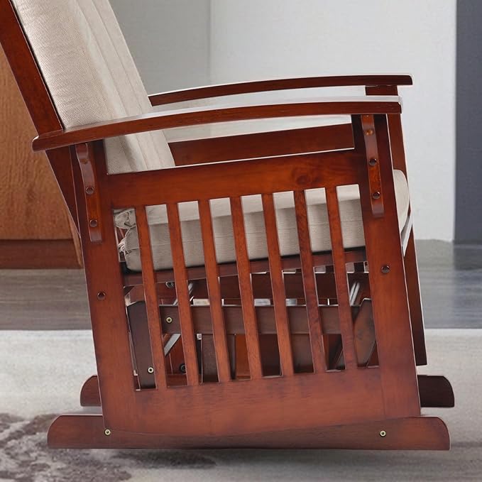 Solid Wood Glider Rocking Chair and Ottoman Set, Rustic Nursery Glider Rocker with Padded Cushion, Smooth Rocking Motion Indoor Living Room Nursing，Napping，Reading, Cream