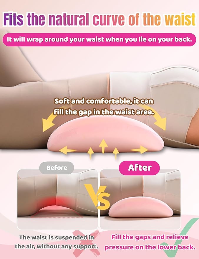 Lumbar Support Pillow for Sleeping Memory Foam Lumbar Pillow for Lower Back Pain Relief, Ergonomic Waist Pillow for Side/Back/Stomach Sleepers with Washable Cover（Pink）