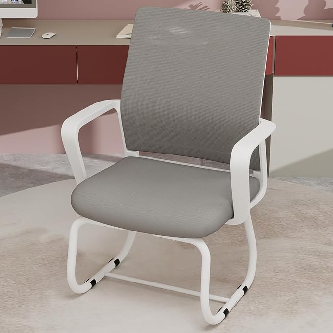 Modern Mesh Office Chair, Ergonomic Desk Chair with Armrests, Breathable Computer Task Seat for Home Work, Sled Base Guest Furniture, Comfortable Lumbar Support, Metal Frame, White+Gray