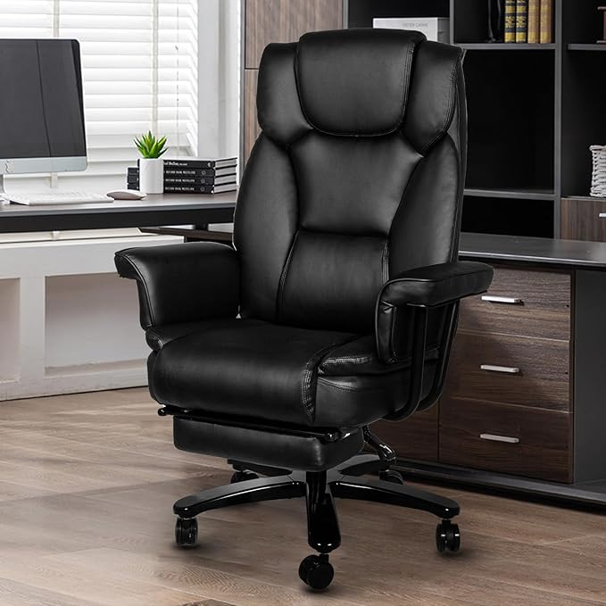 Reclining Office Chair with Footrest, Big and Tall Home Office Desk Chairs 400lbs with High Back, Criss Cross Wide Seat, Heavy Duty Base, Pu Leather, Black