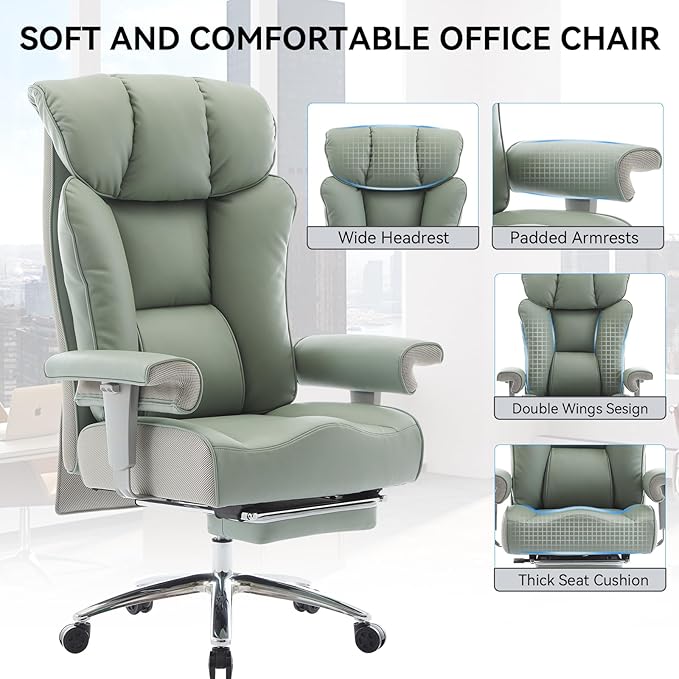 Efomao Big and Tall Office Chair 400lbs - Heavy Duty Executive Desk Chair with Foot Rest & 23" Wide Seat - High Back Ergonomic Leather Computer Chair for Heavy People, Home Office, Green