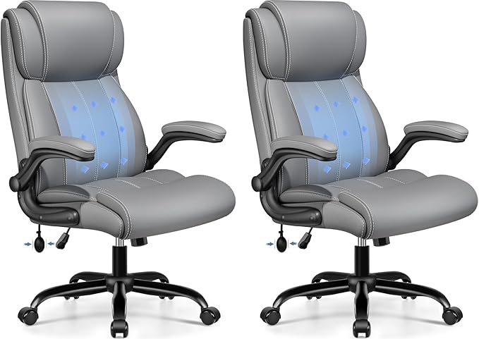 BESTFAIR Ergonomic Office Chair - Desk Computer Chair, Leather High Back Executive Chairs with Adjustable Lumbar Support & Flip Up Arms, Gray 2 Pack
