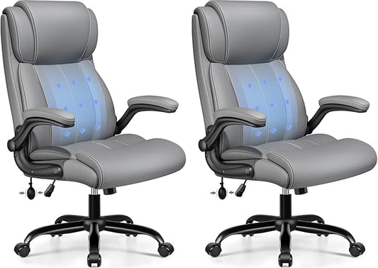 BESTFAIR Ergonomic Office Chair - Desk Computer Chair, Leather High Back Executive Chairs with Adjustable Lumbar Support & Flip Up Arms, Gray 2 Pack