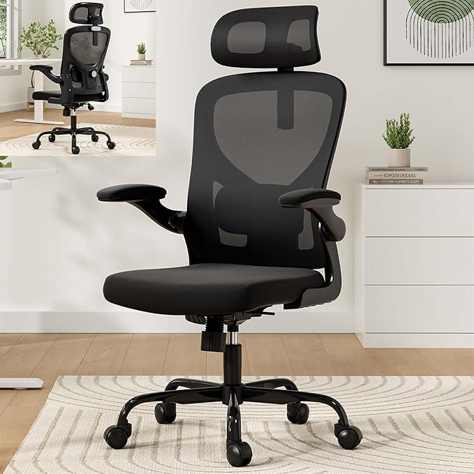 Ergonomic Mesh Office Chairs with Lumbar Support and Adjustable Headrest, High Back Comfortable Computer Desk Chair with Wheels and Armrests, Home Office Rolling Gaming Chair, Max Load 350 lbs (Black)