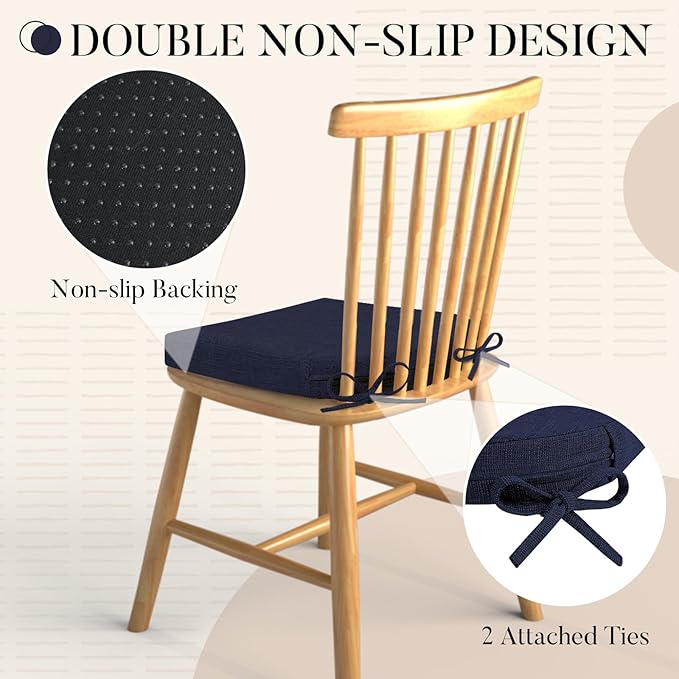Basic Beyond Chair Cushions for Dining Chairs with Ties and Removable Cover, 2" Thick Seat Cushions for Kitchen Chairs, Set of 4, 17" x 16", Navy