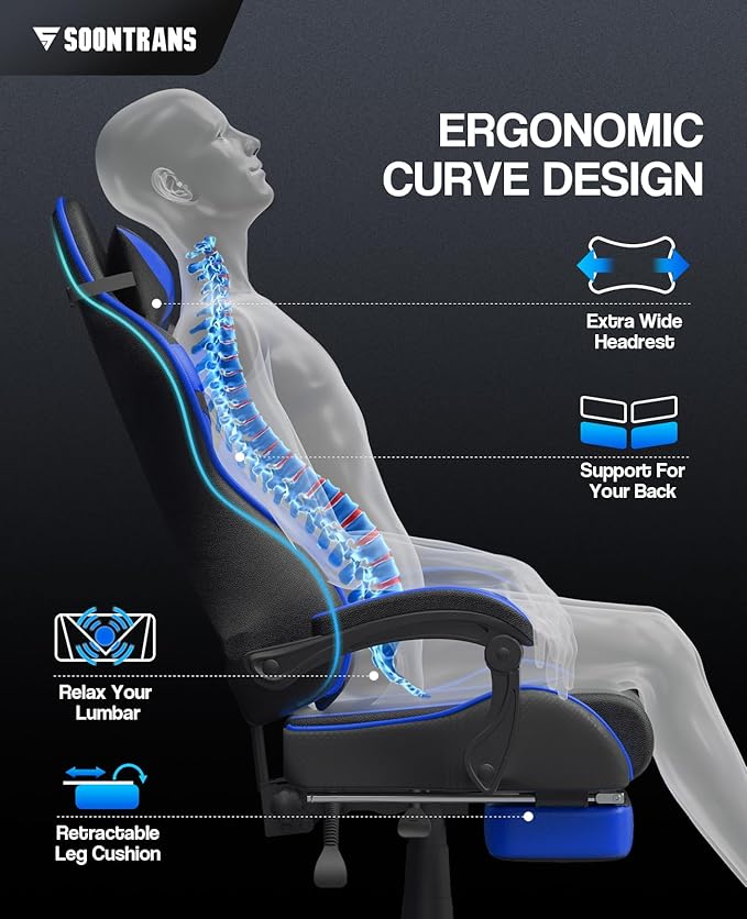 Soontrans Gaming Chair with Footrest,Computer Office Chair, Ergonomic Gamer Chair with Height Adjustment,Headrest and Lumbar Support Gamer Chair(Storm Blue)