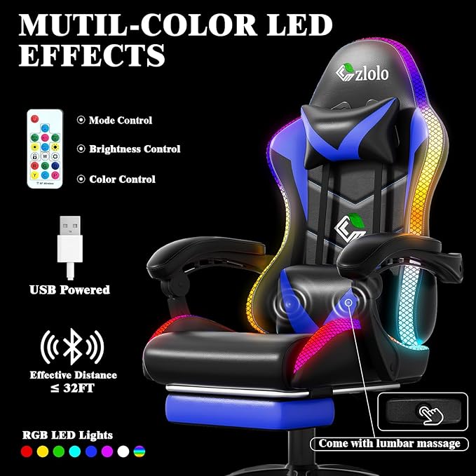Czlolo Gaming Chair, Racing Style RGB LED Lights Gaming Chairs for Adults and Kids, Lumbar Massager Gamer Chair, High Back Reclining Computer Chair with Footrest and Headrest (Black/Blue)
