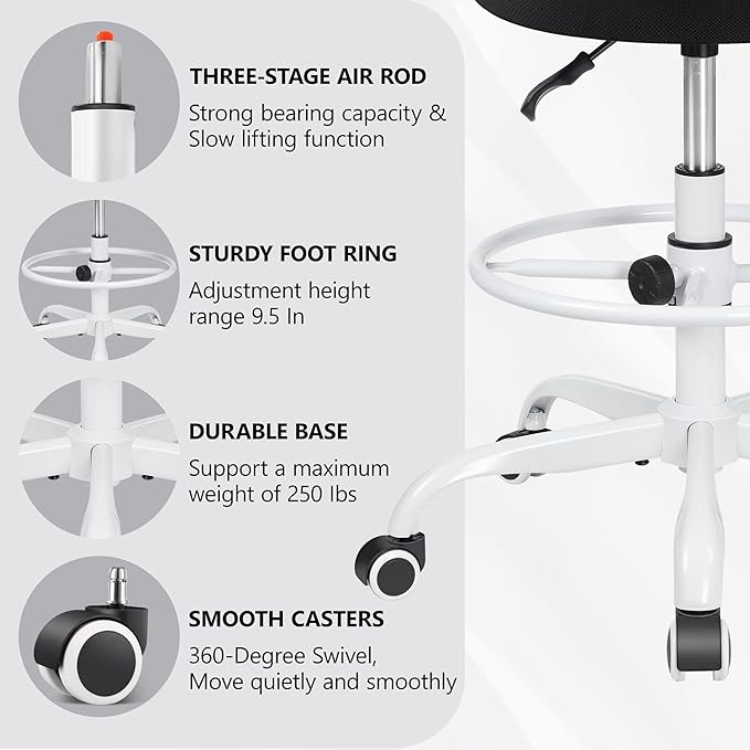 Primy Armless Mid-Back Ergonomic Standing Desk Chair - Mesh Rolling Tall Chair, Adjustable Height and Footring, Art Room, Office or Home (White)
