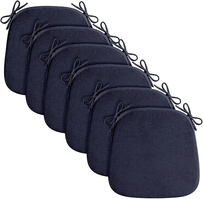 D-Shaped Chair Cushions for Dining Chairs, 2.5” Thick Chair Pads with Washable Comfortable Textured Cover, Non Slip Kitchen Chair Cushions with Ties, 16.5" x 16.5", 6 Pack, Navy