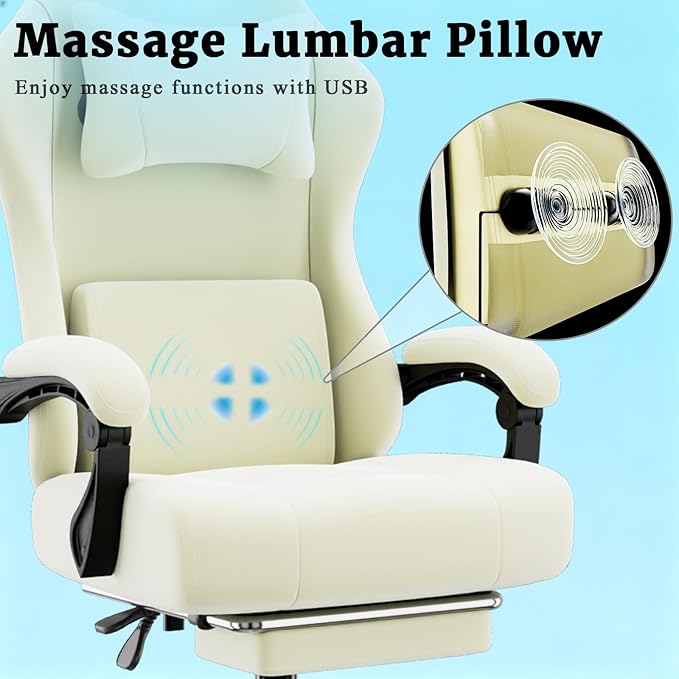 Massage Gaming Chair, Ergonomic Video Game Chair with Lumbar Support and Footrest, Height Adjustable Fabric Computer Chair with Pocket Spring Cushion (Beige)