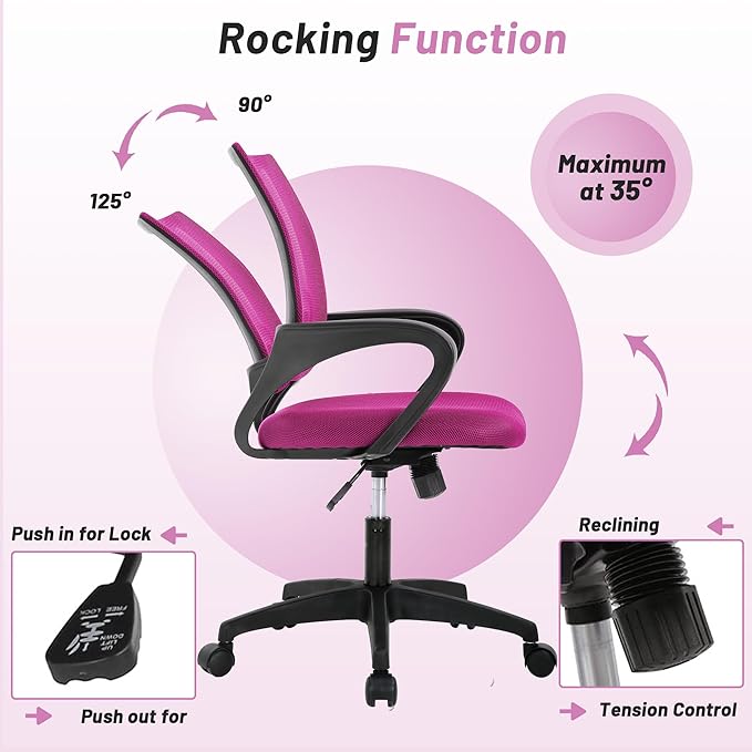 Office Chair,Work Chairs for Home Office,Ergonomic Desk Chair with Lumbar Support,Mesh Office Chair with Arm and Wide Comfortable Seat,Adjustable Rolling Office Chair,Pink