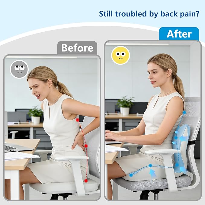 Orthopedic Memory Foam Seat Cushion with Adjustable Strap, Coccyx & Sciatica Pain Relief, Washable Non-Slip for Long Sitting, Ergonomic Posture Support for Office Chair, Car & Wheelchair (Blue Grey)