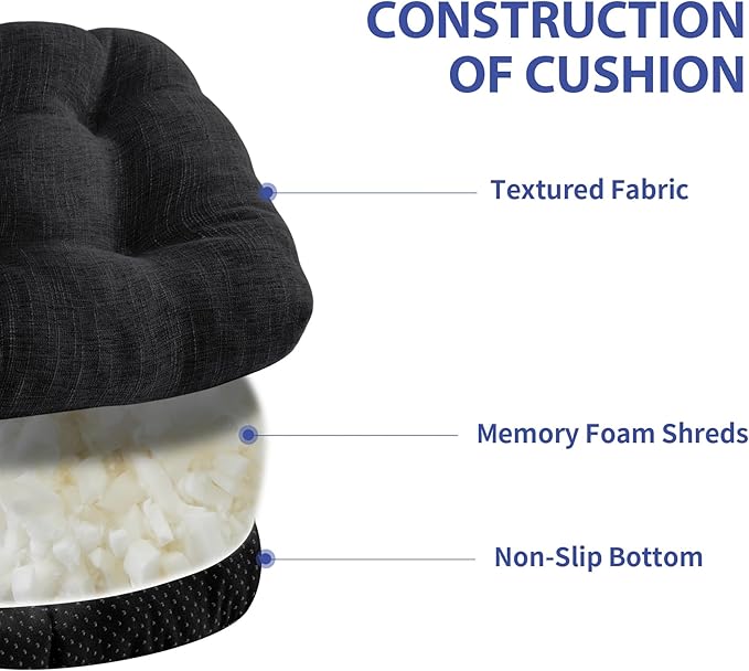 IPYNBAP Chair Cushions for Dining Chairs Set of 2, Kitchen Chair Cushions, Chair Pads with Ties and Non Slip Backing, Tufted Memory Foam Seat Cushion 2 Pack, 15.5" x 15.5" x 4", Black