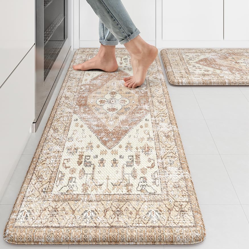 KIMODE Farmhouse Kitchen Mats Cushioned Anti Fatigue Khaki Kitchen Rugs 2Pc
