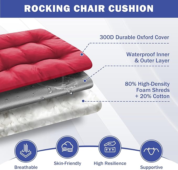 IPYNBAP Rocking Chair Cushion, Waterproof and Fade-Resistant Patio Chair Cushions, Tufted Chair Pads for Rocker Furniture, 17x17 Inch, Indoor/Outdoor Seat Cushions with Ties, Burgundy