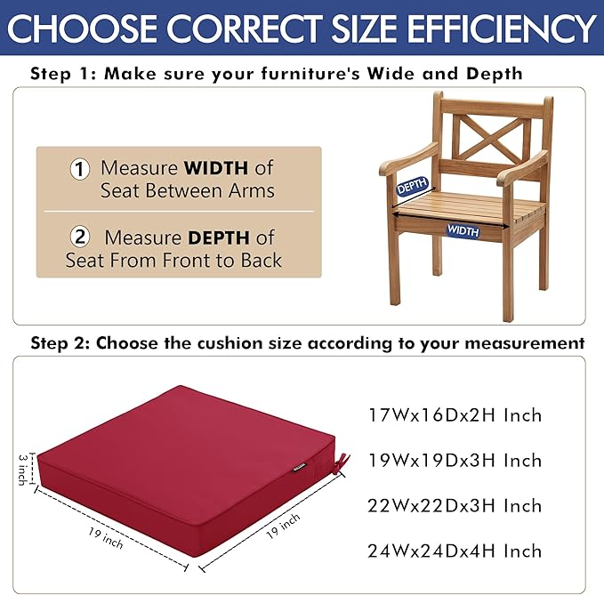 Outdoor Chair Cushions 19 x 19 Inch Water Resistant Patio Chair Cushions with Tie 3 Year Color Fastness Thick Outdoor Seat Cushion for Garden Lawn Patio Furniture Burgundy Red Set of 2