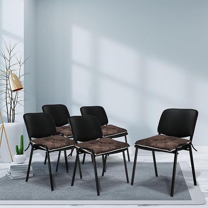 Office Stacking Chair Cushions 4 Pack, Corduroy High Density Foam Kitchen Seat Cushions with Ties, Square 17" x 17" Indoor Non-Slip Dining Chair Pads, Brown, 4pcs