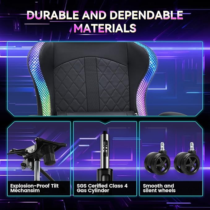 GTPLAYER RGB Gaming Chair with Speakers, Computer Gamer Chair with Footrest and LED Lights, PC Gaming Chairs for Adults, High Back Reclining Office Chairs, Linkage Armrest (Black)