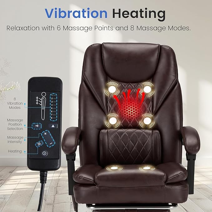 HOMREST 6-Point Massage Office Chair,Heated Executive Ergonomic Home Office Desk Chair with Foot Rest Retractable Height Adjustable Armrest & Lumbar Support PU Leather Brown