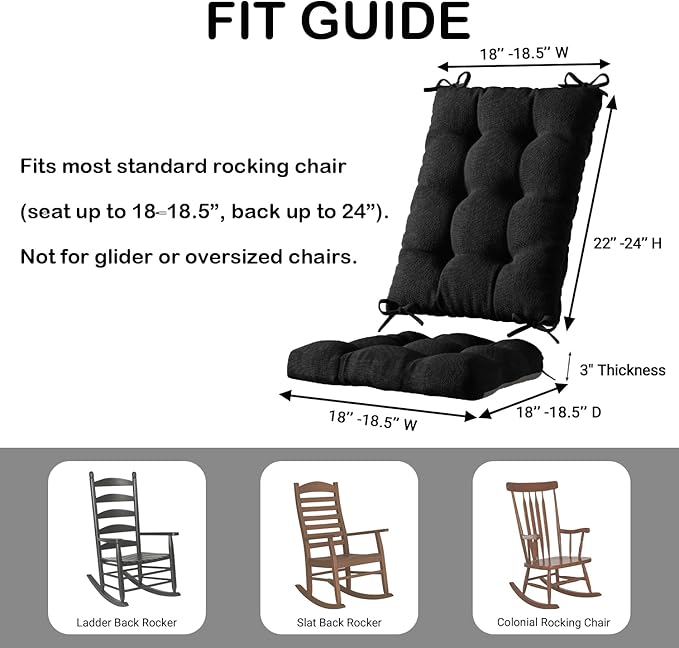 Codi Rocking Chair Cushions Indoor, Large Water Resistant Glider Rocker Replacement Cushion Set for Patio Porch Garden - Fits Most Standard Rockers, Black 2PK