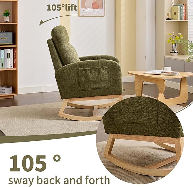 40" Fabric Nursing Rocking Chair, Nursery Chairs with Adjustable Foot Rest, High Backrest Upholstered Arm Chair with Side Pockets, Wood Rocking Chair for Living Room, Bedroom, Baby Room (Cyan)