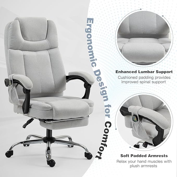 ECOTOUGE Massage Office Chair with Footrest, Ergonomic Adjustable Reclining Executive Heated Office Chair w/ 6 Vibration Points & Heat for Home Office, Light Grey